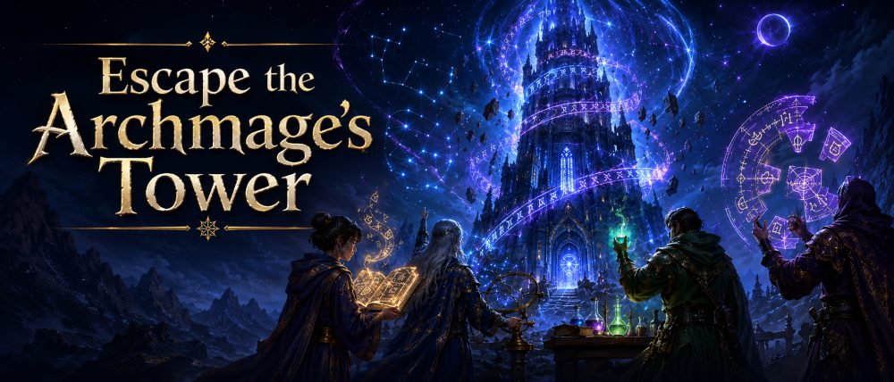 Escape the Archmage’s Tower: four adventurers before a glowing wizard’s tower