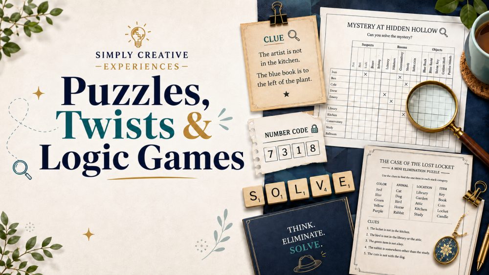 Printable elimination puzzles with clue cards, a code grid and a magnifying glass
